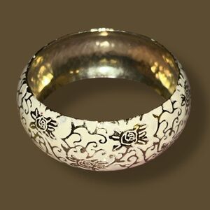 Vintage Brass chunky White and silver floral printed Bangle bracelet